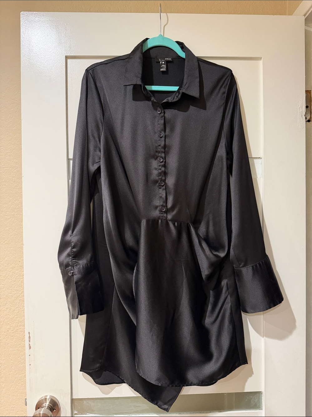 Aqua Black Satin Blouse with Mint Trim